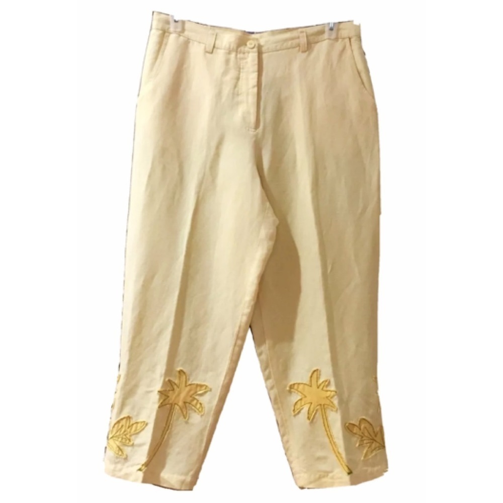 🌴 Hearts of Palm Linen-Blend Palm Tree Embroidered Pants — Size 12
